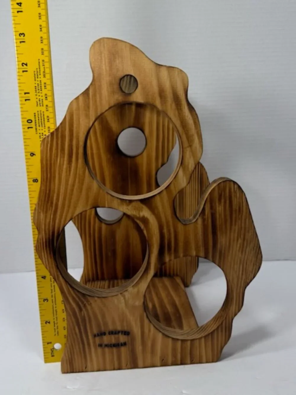 Handmade Hand Crafted Michigan Shaped Wine Rack Wooden 3 Bottle Carrier Handle